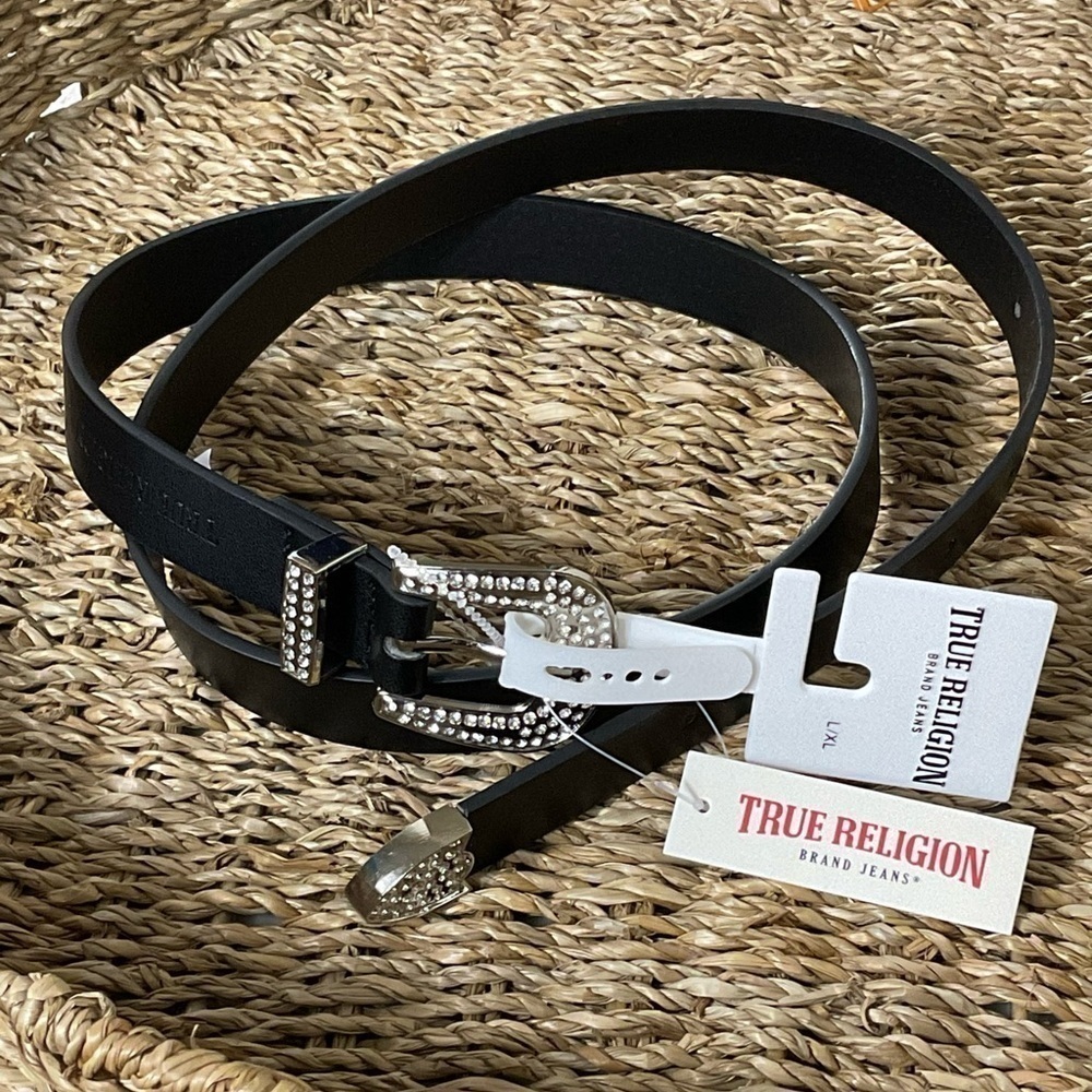 NWT True Religion engraved Western Style Logo Belt embellished with rhinestones